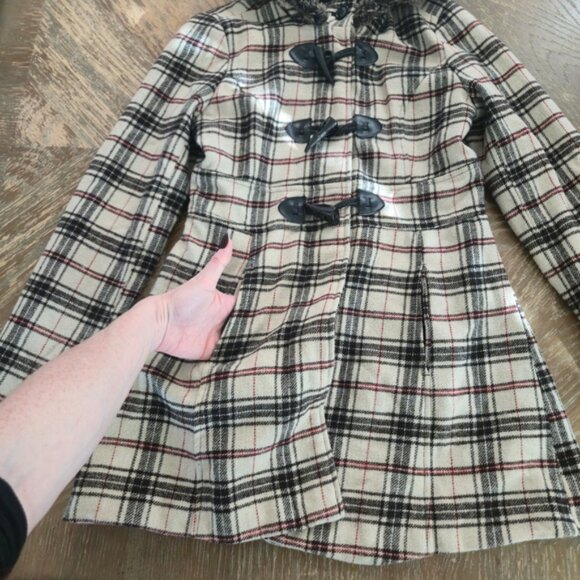 Say What? Plaid Toggle Coat w/ Faux Fur Hood Women’s M Beige Red Black - Picture 5 of 12